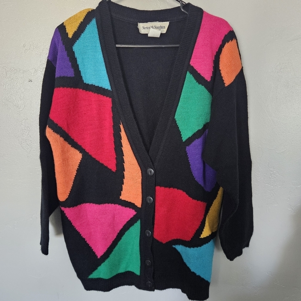 Norton McNaughton Vintage Womens Small Colorful Geometric Cardigan Sweater Funky